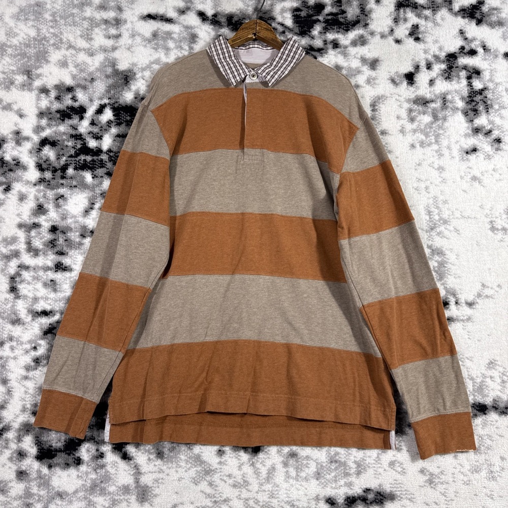 Johnston & Murphy Shirt Mens‎ Size Large Brown Tan Striped Rugby Style Preppy